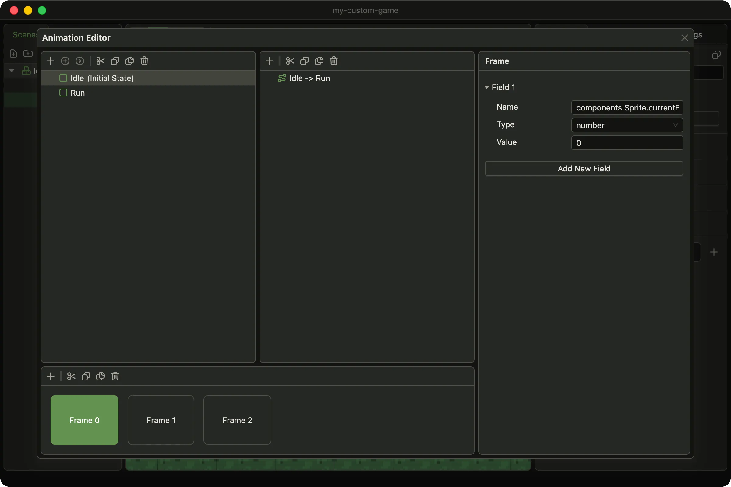 The animation editor with Frame 0 of the Idle state selected in the timeline. The inspector shows one field: name components.Sprite.currentFrame, type number, value 0.