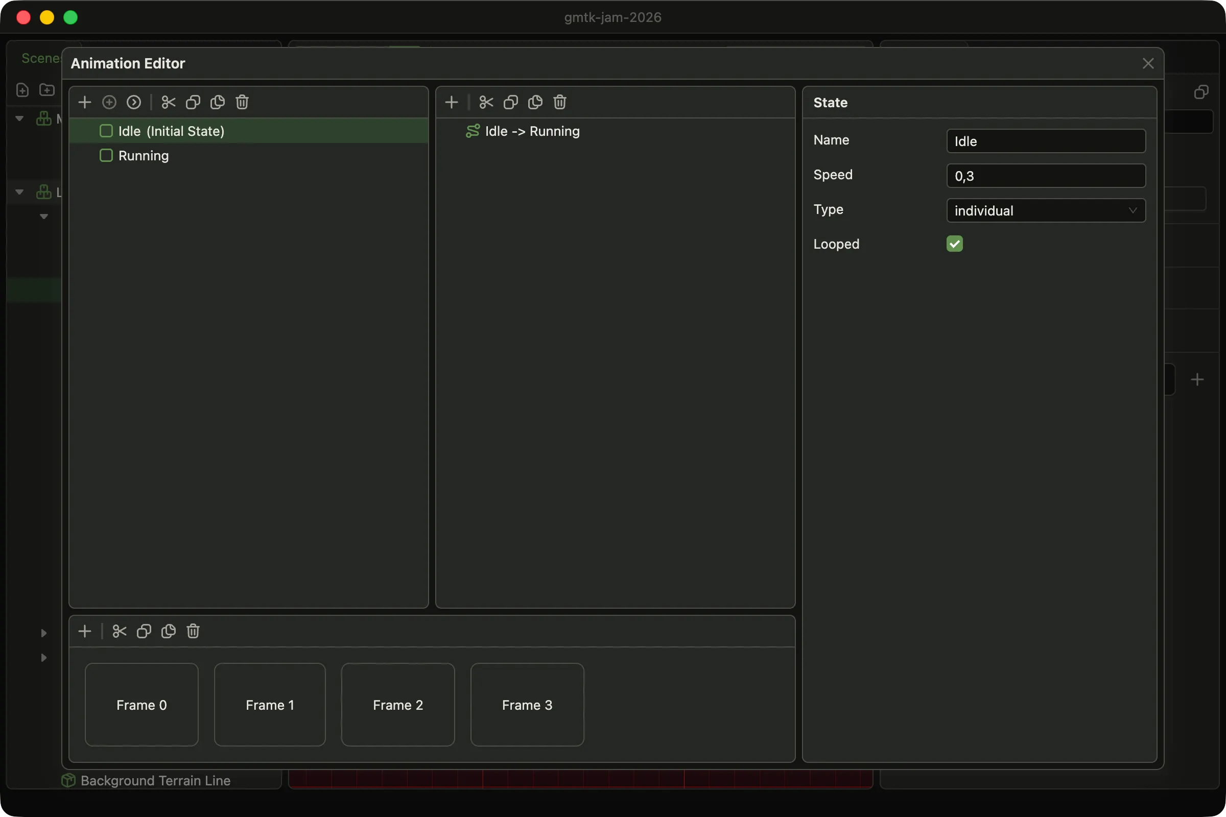 The animation editor over the editor window. The States panel lists Idle (Initial State) and Running, with Idle selected. The Transitions panel lists Idle -> Running. The timeline at the bottom shows Frame 0 to Frame 3. The inspector on the right shows the Idle state: Name Idle, Speed 0,3, Type individual, Looped checked.