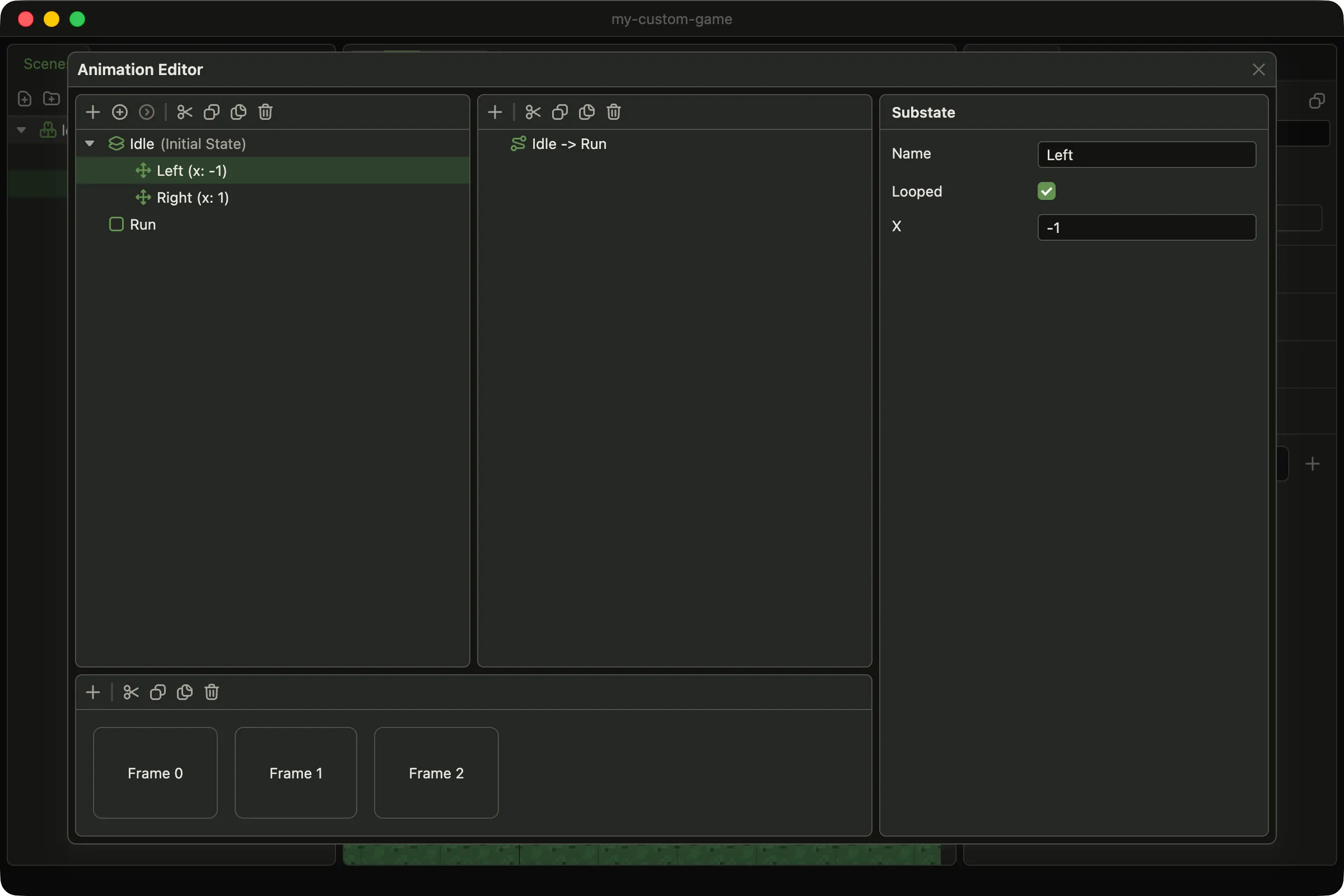 The animation editor with the group state Idle expanded in the States panel. It holds two substates, Left (x: -1) and Right (x: 1). Left is selected, and the inspector shows Name Left, Looped checked and X -1. The timeline shows three frames.