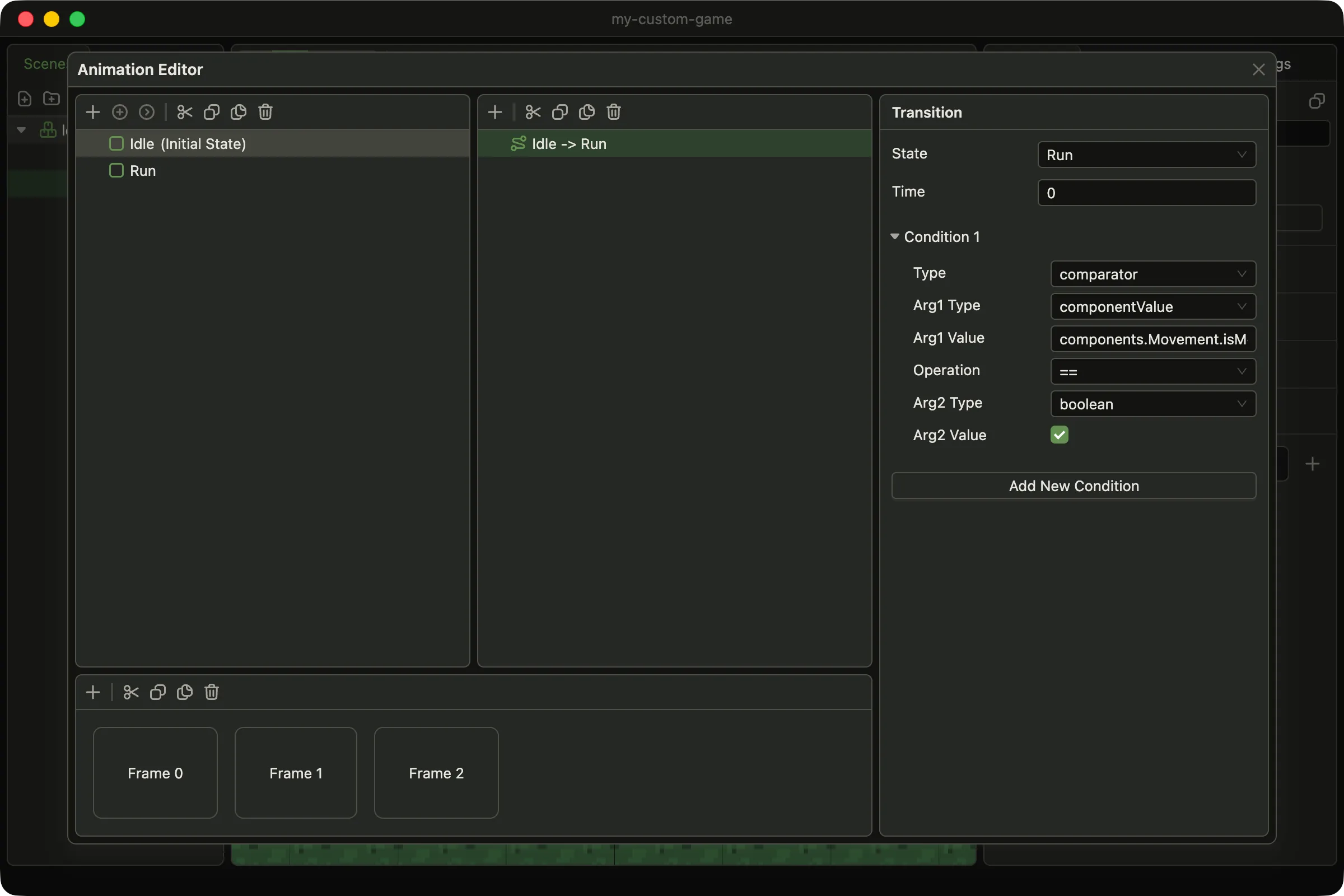 The animation editor with the transition Idle -> Run selected. The inspector shows State: Run, Time: 0, and Condition 1 of type comparator: Arg1 Type componentValue, Arg1 Value components.Movement.isMoving, Operation ==, Arg2 Type boolean, Arg2 Value checked.
