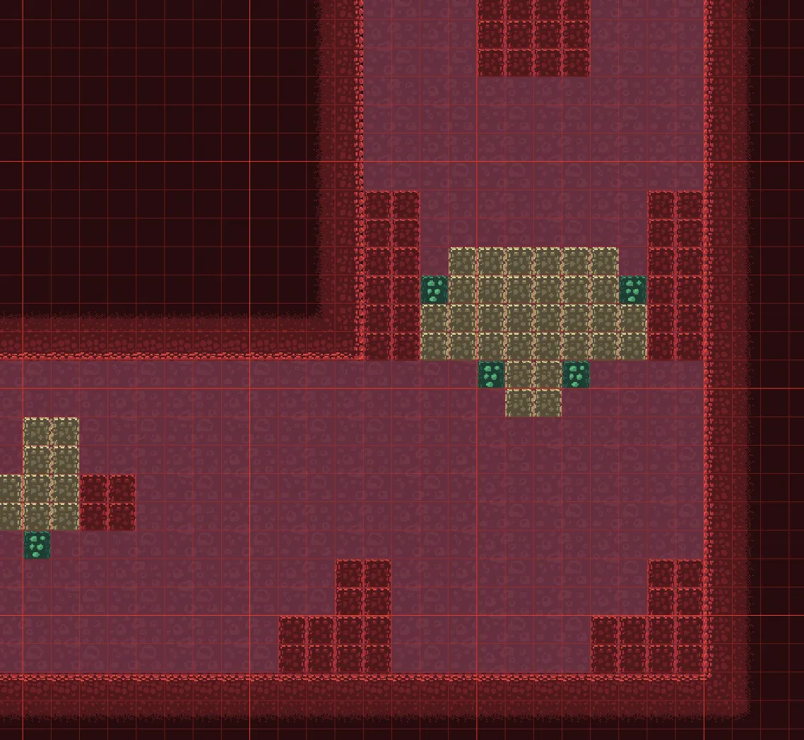 A part of a level in the viewport: walls, ground blocks and obstacles, with no outlines.