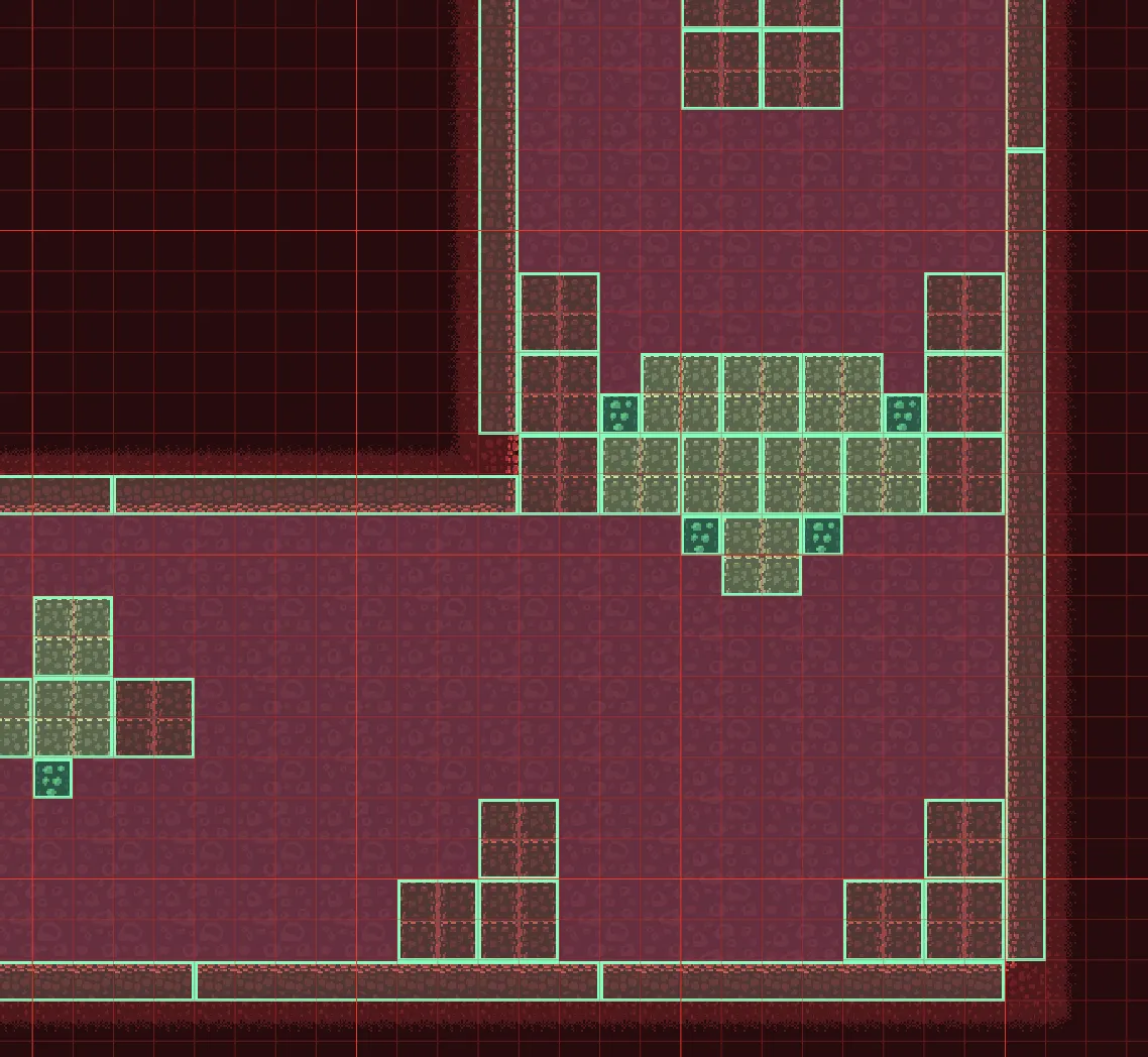 The same part of the level with the Colliders layer on. Every wall, block and obstacle has a green outline with a light green fill.