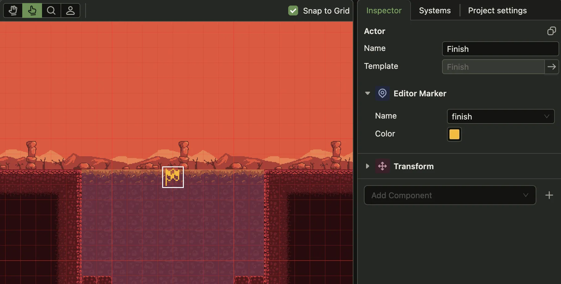 The viewport and the inspector. In the viewport a yellow flag icon with a selection box sits at the top of a shaft. The inspector shows the selected actor, Finish, with an Editor Marker component whose Name is finish and whose Color is yellow.