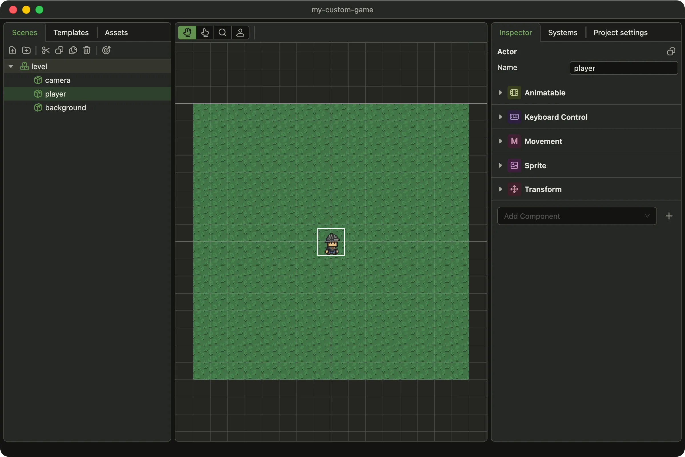 The editor: the scene tree on the left listing camera, player and background; the game's grass field with the player sprite in the viewport; the inspector on the right showing the player's Animatable, Keyboard Control, Movement, Sprite and Transform components.