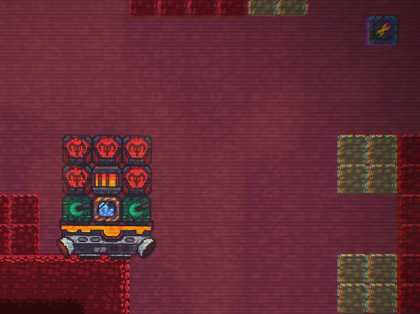 The same place with filter effects. The image has scanlines, and the edges of the blocks and the repair block have split colors.