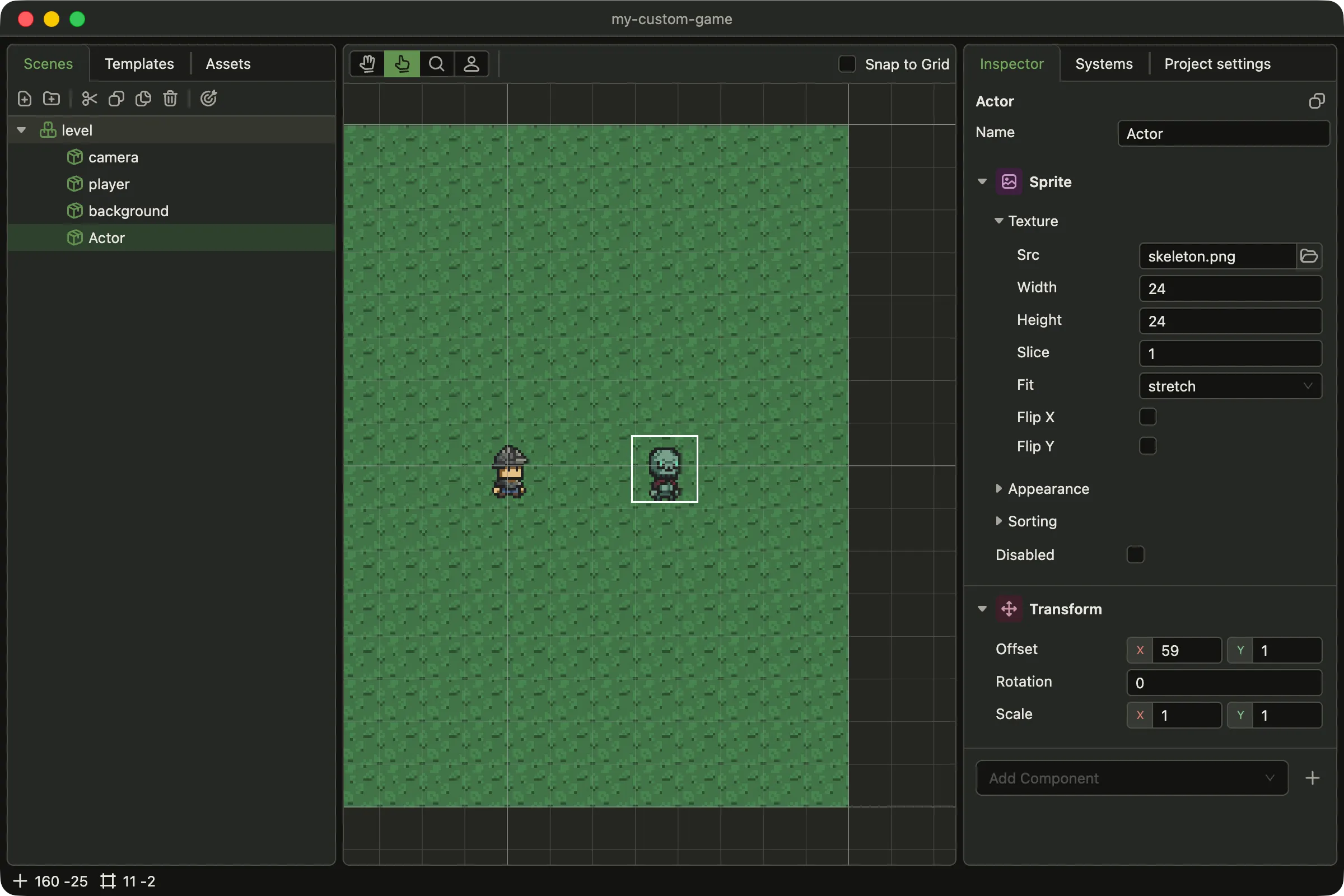 The editor on the starter project's level scene: the scene tree lists camera, player, background and the newly added Actor; the new sprite sits on the grass field with a selection box around it; the inspector shows its Sprite and Transform components.
