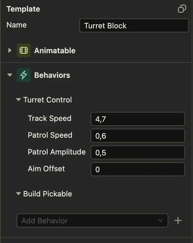 The inspector showing a Behaviors component with two behaviors attached. The first, Turret Control, is expanded and shows four numeric fields.