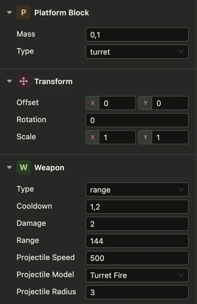 The inspector showing the Platform Block, Transform and Weapon components of a selected actor, each with its own fields.