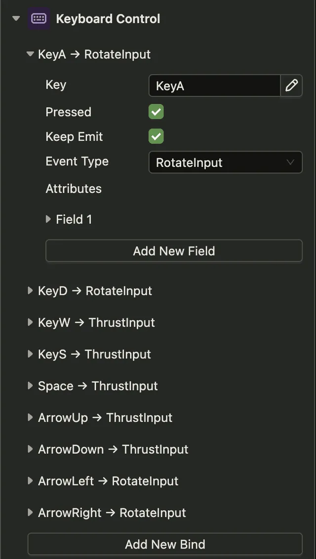 The Keyboard Control component in the inspector. It lists bindings such as KeyA to RotateInput, KeyW to ThrustInput and ArrowUp to ThrustInput. The KeyA binding is expanded: Key is KeyA with a pencil button, Pressed and Keep Emit are checked, Event Type is RotateInput, and Attributes has one field. Add New Bind is at the bottom.