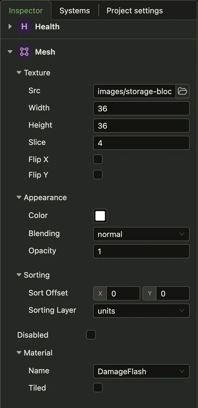 The Mesh component in the inspector, with the Texture, Appearance and Sorting groups and the Disabled checkbox. Under Material, Name is DamageFlash, and the shader's own field Tiled is below it.