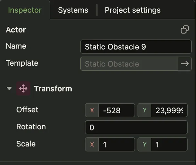 The inspector for an actor called Static Obstacle 9. Under the Name field a disabled Template field reads Static Obstacle, with an arrow button beside it. Below that the actor's own Transform component with Offset, Rotation and Scale.