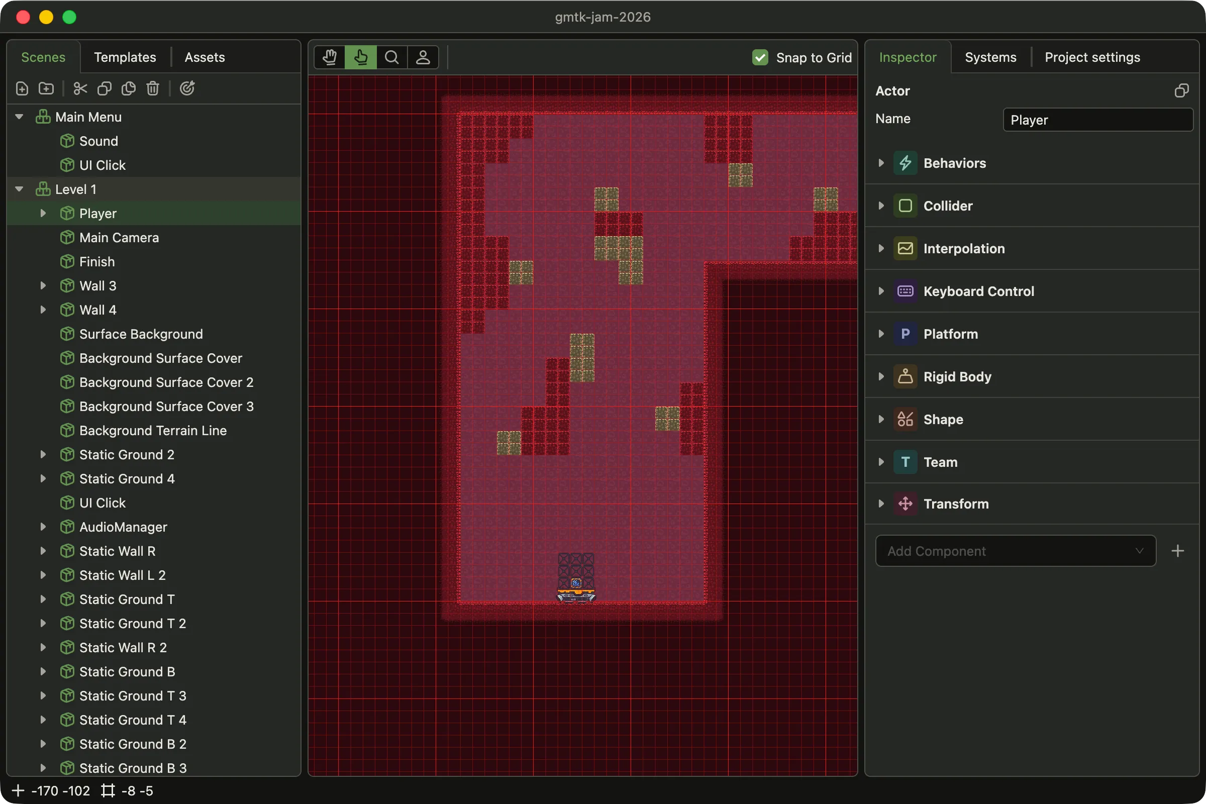 The editor window: the explorer on the left with the Scenes tab open and an actor called Player selected, the viewport in the middle showing a level with the grid drawn over it, and the inspector on the right listing the selected actor's components.