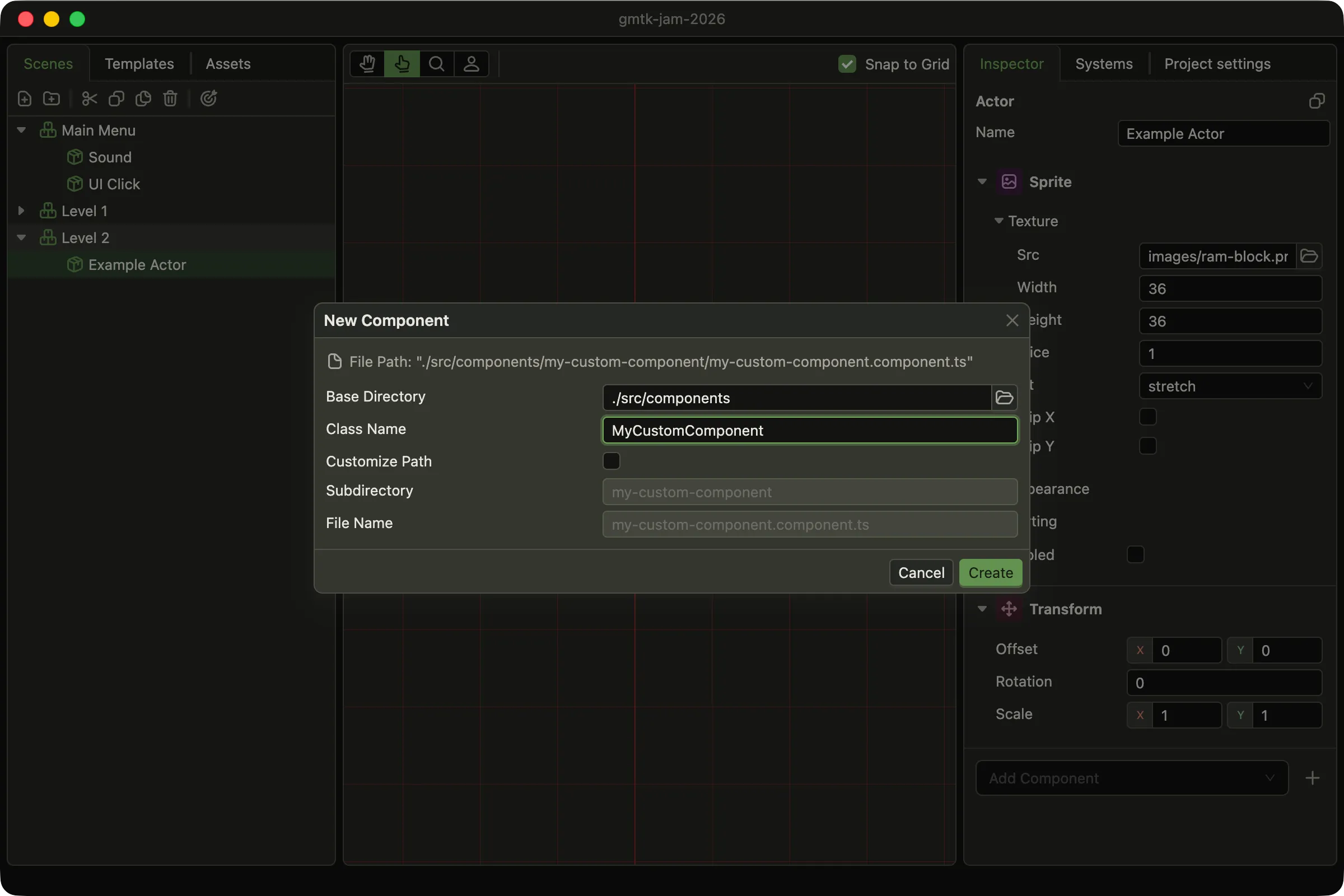 The New Component dialog over the editor. It shows the resulting file path, a Base Directory field reading ./src/components, a Class Name field reading MyCustomComponent, an unchecked Customize Path box, and the disabled Subdirectory and File Name fields filled in as my-custom-component and my-custom-component.component.ts.