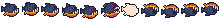 One image with 11 frames of a pixel-art piranha in a single row.