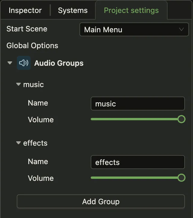 The Project settings tab with the Audio Groups panel open. It lists two groups, music and effects. Each group has a Name field and a Volume slider. Add Group is below them.