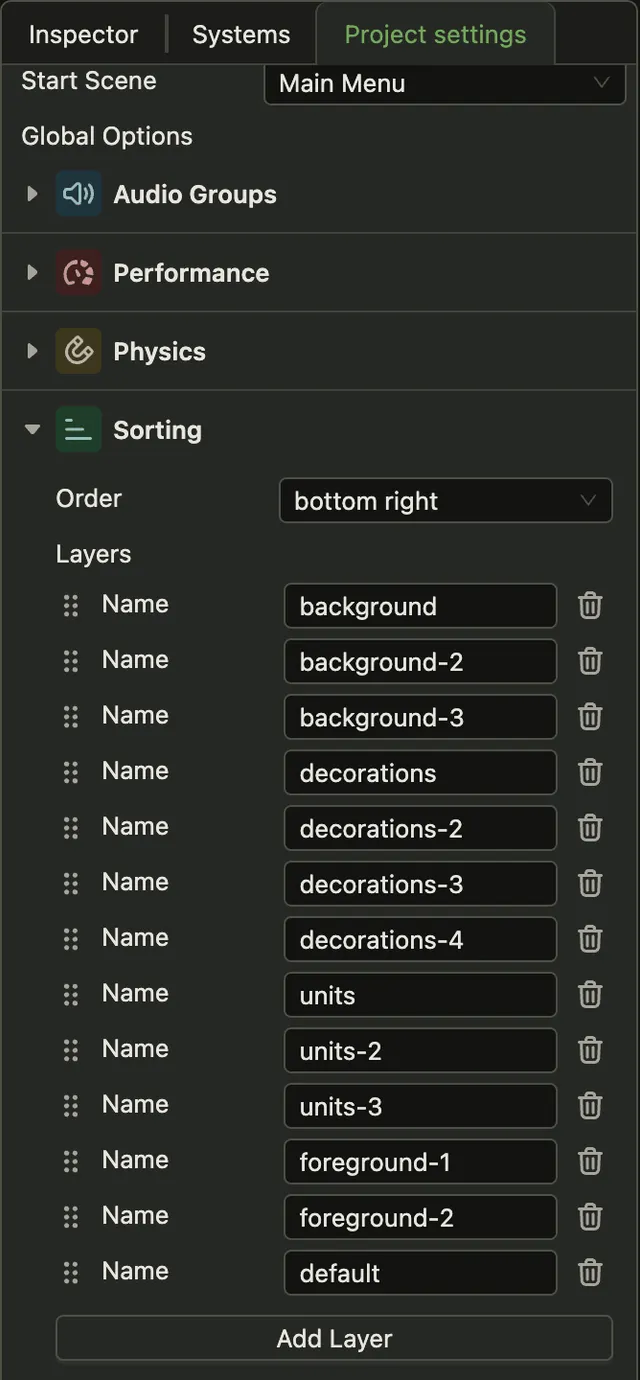 The Project settings tab with the Sorting panel open. Order is bottom right. Layers lists thirteen layers, from background at the top to default at the bottom. Each layer has a drag handle and a delete button. Add Layer is below the list.