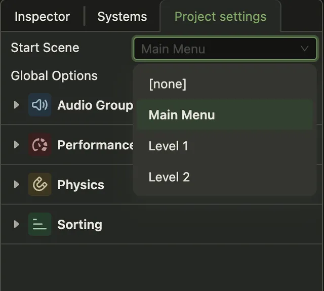 The Project settings tab with the Start Scene select open. The list shows [none], Main Menu, Level 1 and Level 2, with Main Menu selected. Below it the Global Options panels: Audio Groups, Performance, Physics and Sorting.