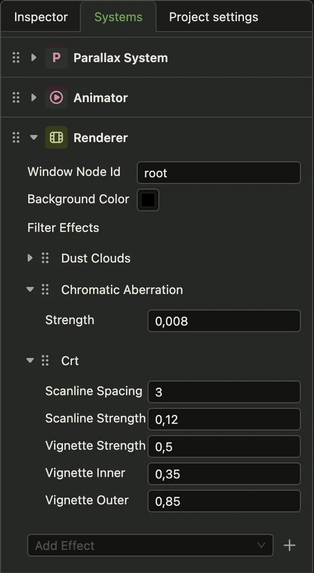The Systems tab with Renderer expanded. Under Filter Effects, the list has Dust Clouds, Chromatic Aberration with a Strength field, and Crt with scanline and vignette fields. Each effect has a drag handle. An Add Effect picker is below the list.