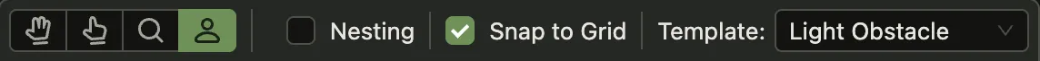 The toolbar with the template tool active. To the right of the four tool buttons are an unchecked Nesting box, a checked Snap to Grid box, and a Template select set to Light Obstacle.